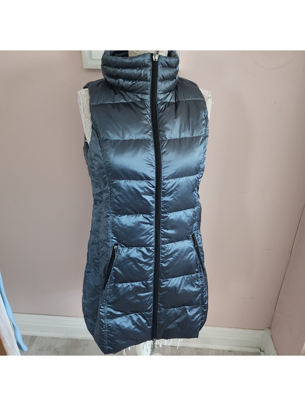 My Anorak Metallic Blue Gray Long Puffer Vest Women’s Small Flawless